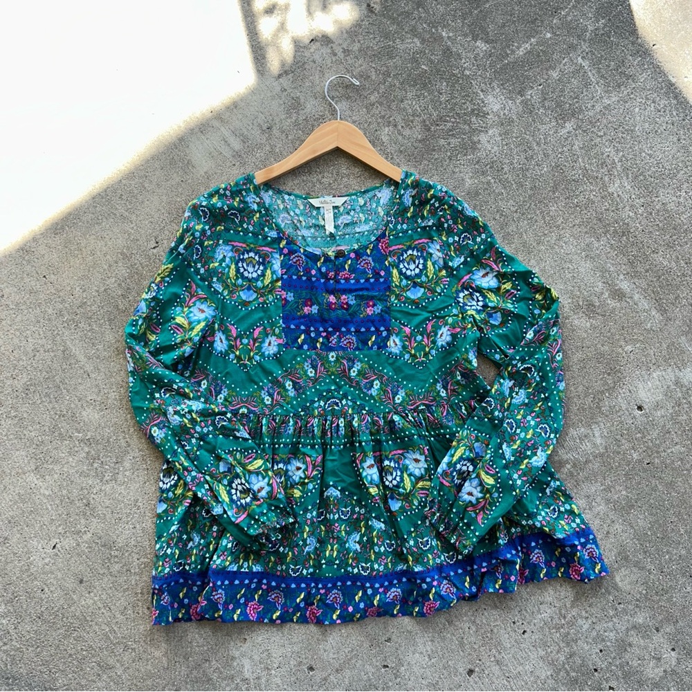 Matilda Jane Evergreen Floral Print Baby Doll Rayon Blouse Top Size L Large